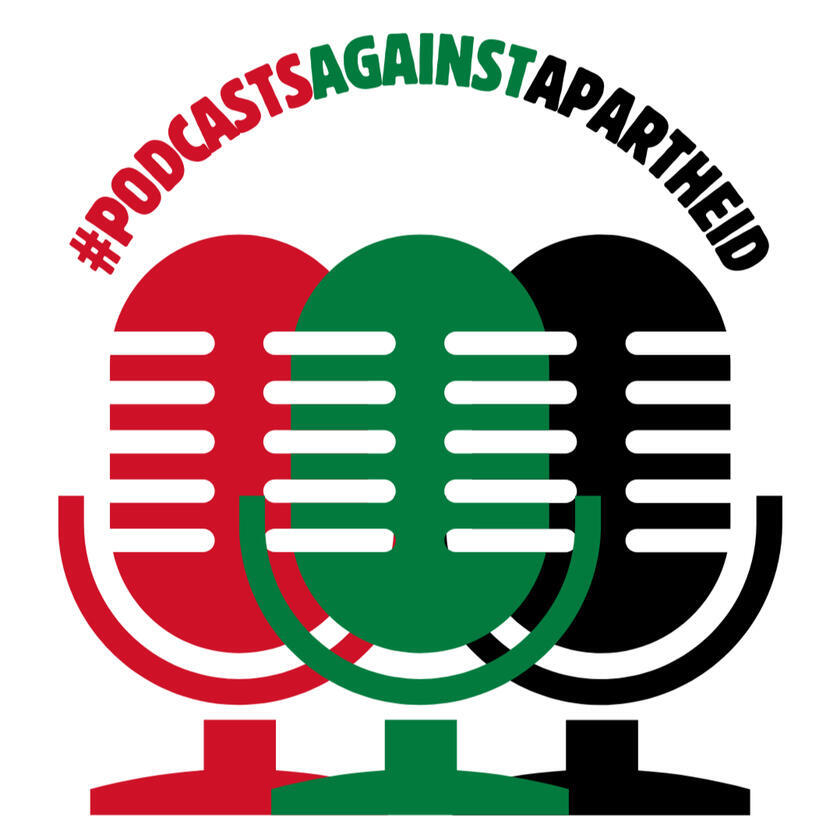Logo for “Podcasts Against Apartheid” featuring three overlapping microphones in red, green, and black. The hashtag #PODCASTSAGAINSTAPARTHEID arches above in matching colors.