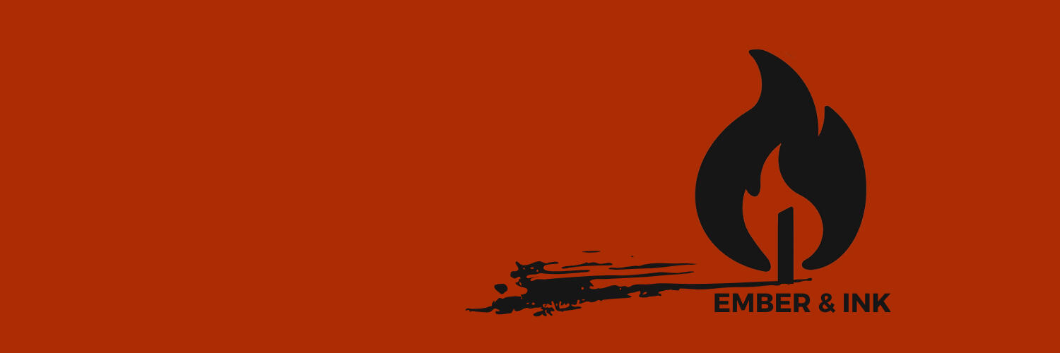A stylized black flame and ink design on a red background with the text "EMBER & INK."